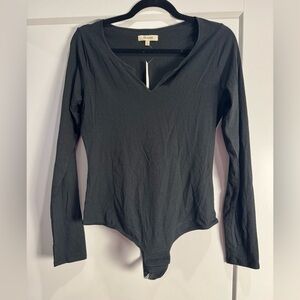 Madewell split neck Black pointelle Long Sleeve Bodysuit nwt soft stretchy